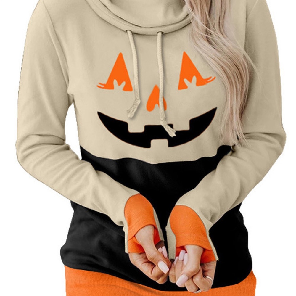 Halloween Print Color Block Drawstring Sweatshirt - Picture 11 of 14